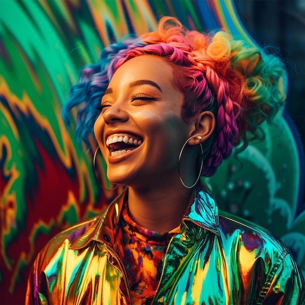 Schwarzes lächelndes Mädchen im modernen Regenbogen-Kunststil AI-generiertes Bild