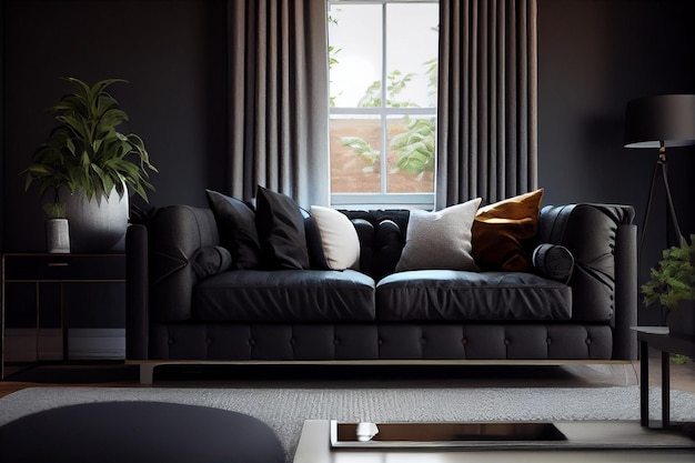 Schwarzes Ledersofa in modernem Interieur mit Lampe und bildgenerativer KI