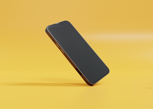 Schwarzes leeres Smartphone-Display auf gelbem Hintergrund. Hintergrund isolieren. Luxuriöses minimalistisches 3D-Rendering