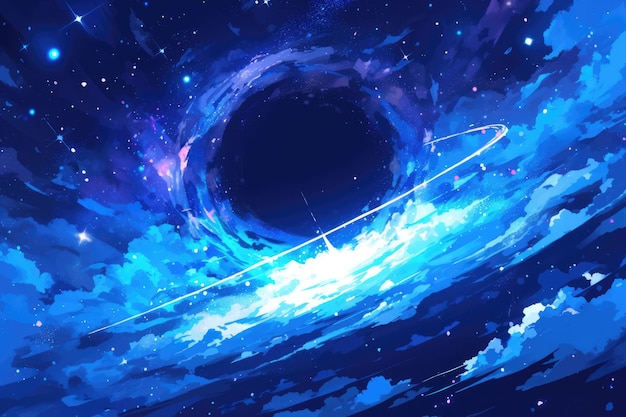 Schwarzes Loch im Anime-Stil mit einer blauen Energieexplosion um das Schwarze Loch herum