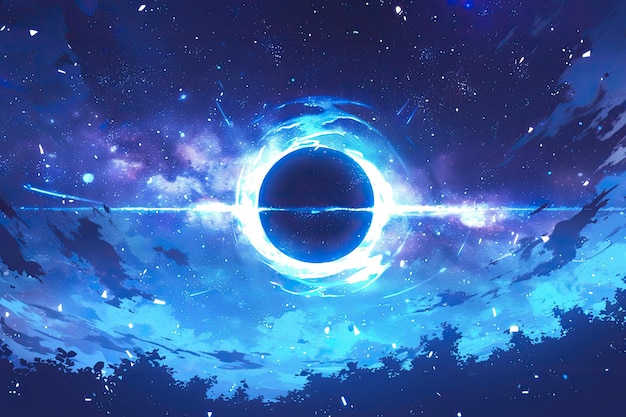 Schwarzes Loch im Anime-Stil mit einer blauen Energieexplosion um das Schwarze Loch herum