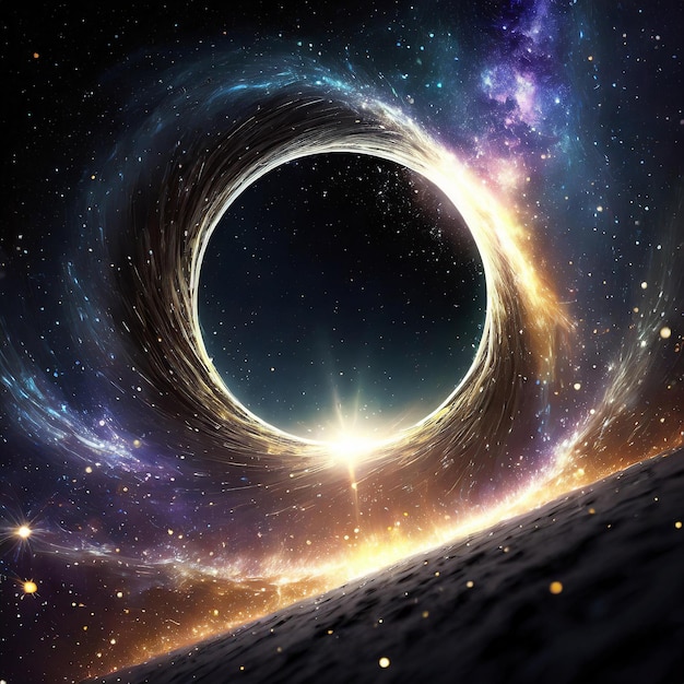 Schwarzes Loch über Sternenfeld im Weltraum abstrakte Raumtapete in Form des Buchstaben O und Funken