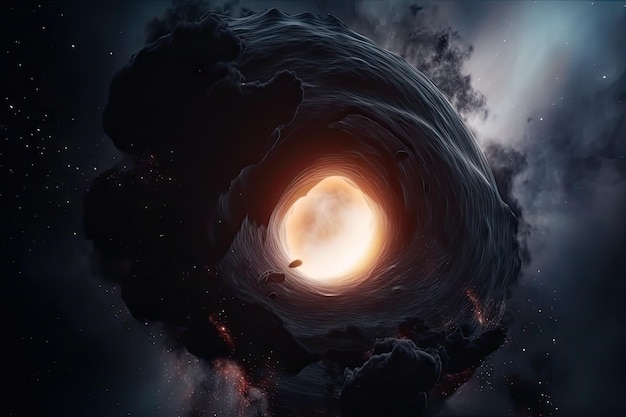 Schwarzes Loch umgeben von Nebel mit geheimnisvollen und wunderschönen Lichtern