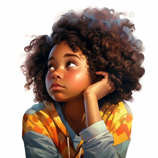 Schwarzes Mädchen im Denken und Zweifel posieren Zeichentrickfilme Junge weibliche Figur mit träumigem Gesicht auf abstraktem Hintergrund Ai generiert helles zeichentrickiges Poster