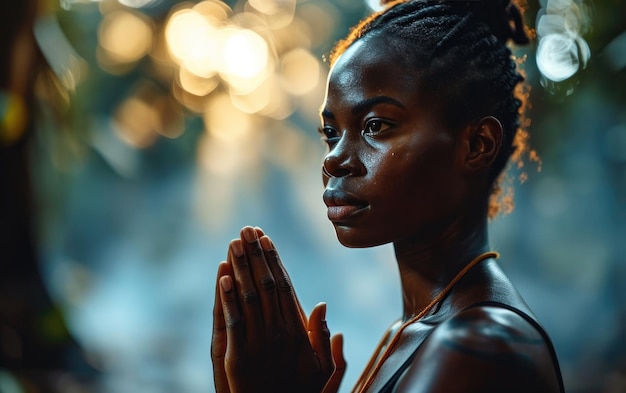 Schwarzes Mädchen macht draußen Yoga