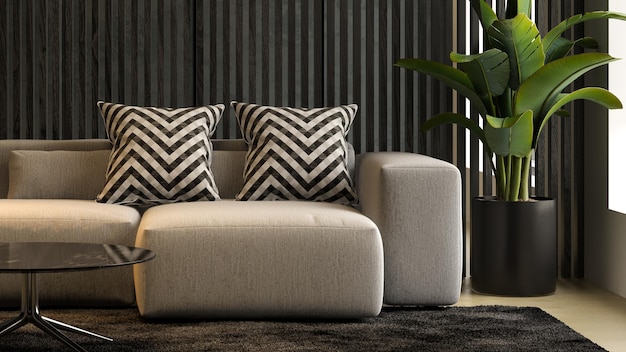 Schwarzes minimalistisches Interieur des modernen Wohnzimmers 3D-Rendering