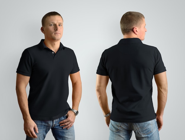 Schwarzes Mockup für das Design von Kleidungs-Polo-Shirts. Stilvoller Mann, Vorderansicht und Rückseite. Vorlage kann für Ihre Vitrine verwendet werden.