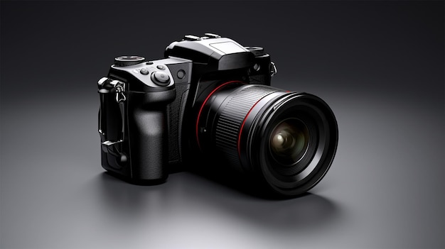 Schwarzes modernes Digitalkameragehäuse mit schwarzem Kameraobjektiv und schwarzem Hintergrund