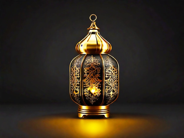 Schwarzes Mondgoldlaternensymbol, das mit dunklem Hintergrund Ramadan leuchtet