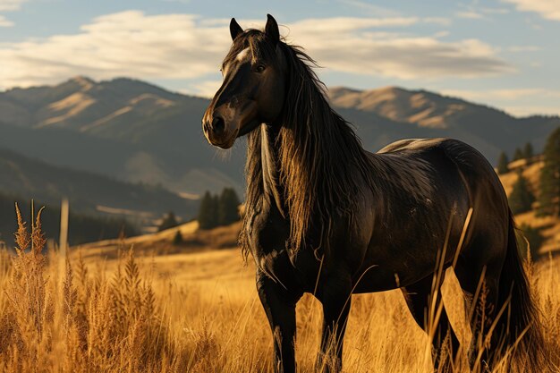 Schwarzes Pferd auf einem goldenen Feld ruhiger Blick Wald und Berge im Hintergrund generative IA