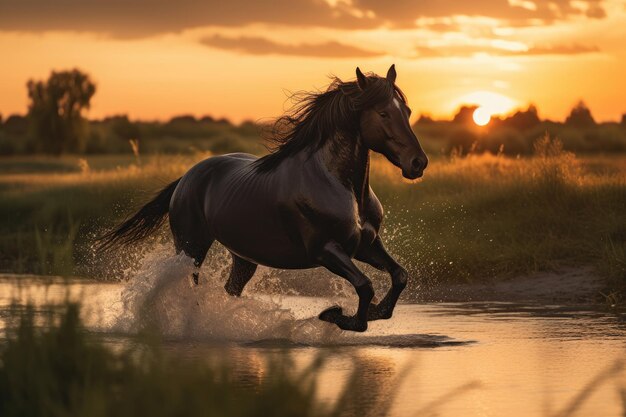 Schwarzes Pferd galoppiert auf der Ebene bei Sonnenuntergang generative IA