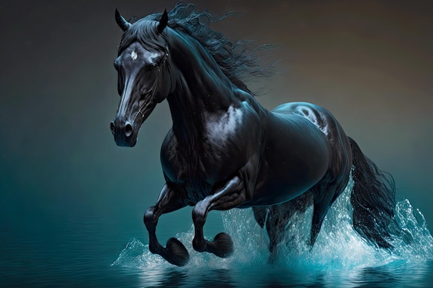 Schwarzes Pferd läuft durch Wasser und hebt die Hufe hoch