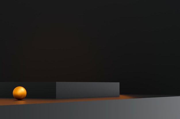 Schwarzes Podium minimal auf der Bühne mit schwarzer und goldener Plattformbühne, um die Kosmetik- und Schmuckproduktbühne schwarz auf einer modernen 3D-Studio-Dunkelplattform zu zeigen