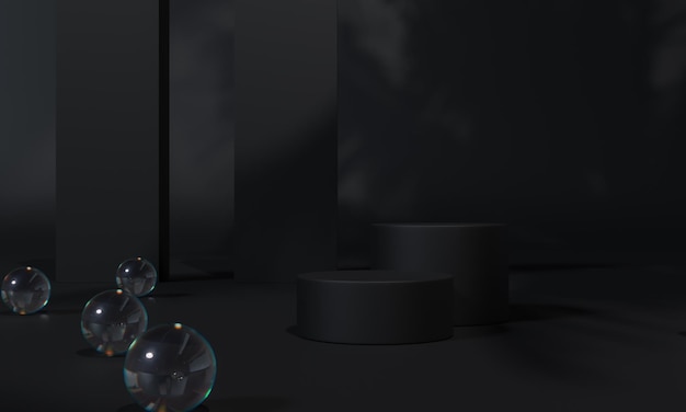 Schwarzes Podium und schwarzer Hintergrundständer oder Podiumsockel auf Werbedisplay mit leeren Hintergründen 3D-Rendering