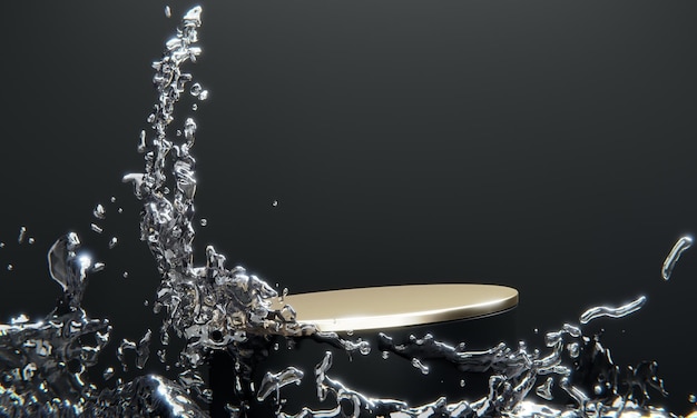 Schwarzes Podium und Spritzwasser auf weißem Hintergrund 3D-Rendering