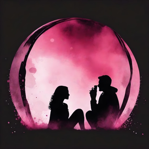 Schwarzes rosa Paar Silhouette Thema runde Blase tropfende Aquarell Tinte Design Illustration