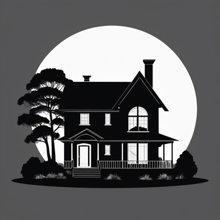 Foto schwarzes silhouette-design eines hauses mit weißem kreishintergrund