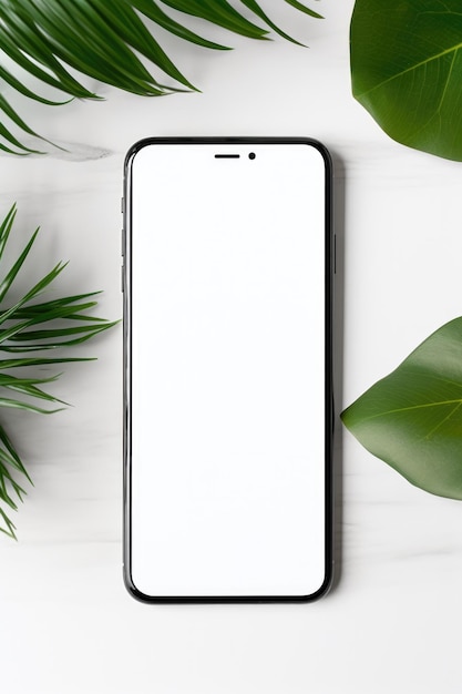 Schwarzes Smartphone mit leerer weißer Bildschirmattrappe auf einem Tisch mit grünen Blättern. Telefon mit modernem rahmenlosem Design für Website-App und Werbung