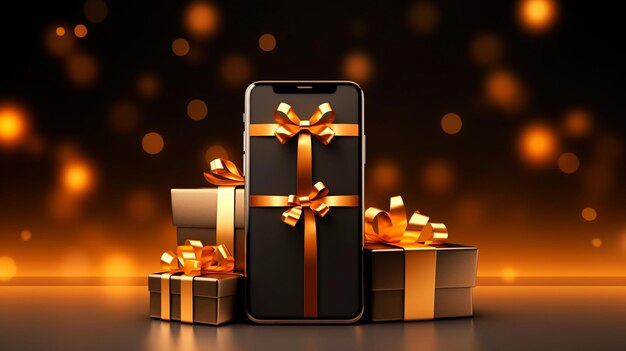 Schwarzes Smartphone mit Weihnachtsball und Geschenkkisten