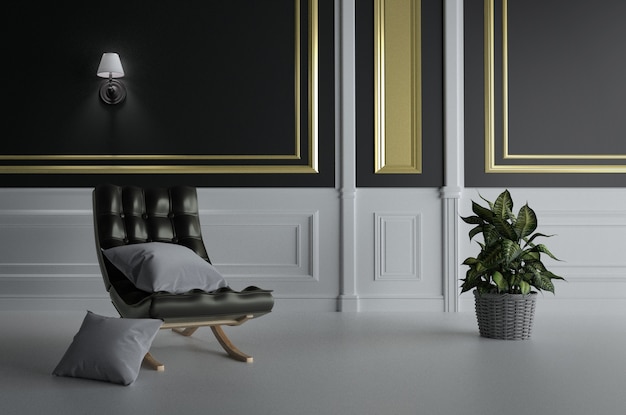 schwarzes Sofa und doppeltes Kissen, Anlagen auf leerem schwarzem Goldwandhintergrund. 3D-Rendering