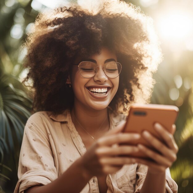 Schwarzes Sommermädchen lächelt auf Smartphone