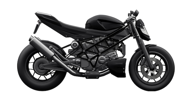 Schwarzes Supersportmotorrad auf weißem Hintergrund. 3D-Darstellung.