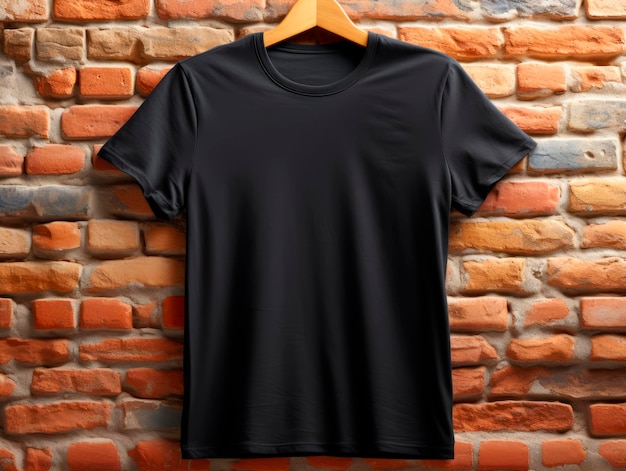 Schwarzes T-Shirt auf Holzbügel auf Backsteinmauer-Hintergrund-Attrappe für Design generative KI