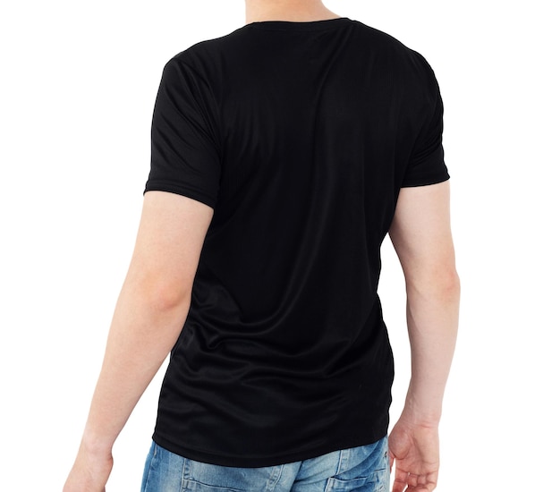 Schwarzes T-Shirt auf weißem Hintergrund, hintere Sicht, leer für Ihr Design