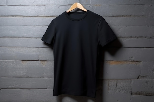 Schwarzes T-Shirt, das an einer Wand hängt
