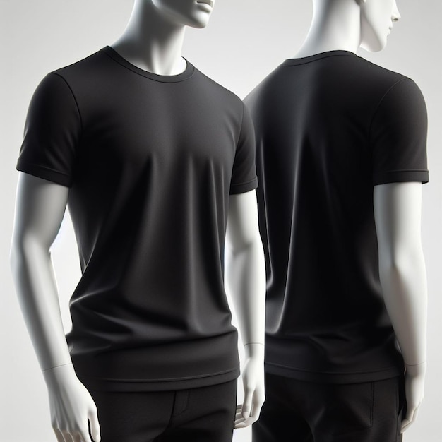 schwarzes T-Shirt für ein Modell auf einem Mannequin auf weißem Hintergrund 2