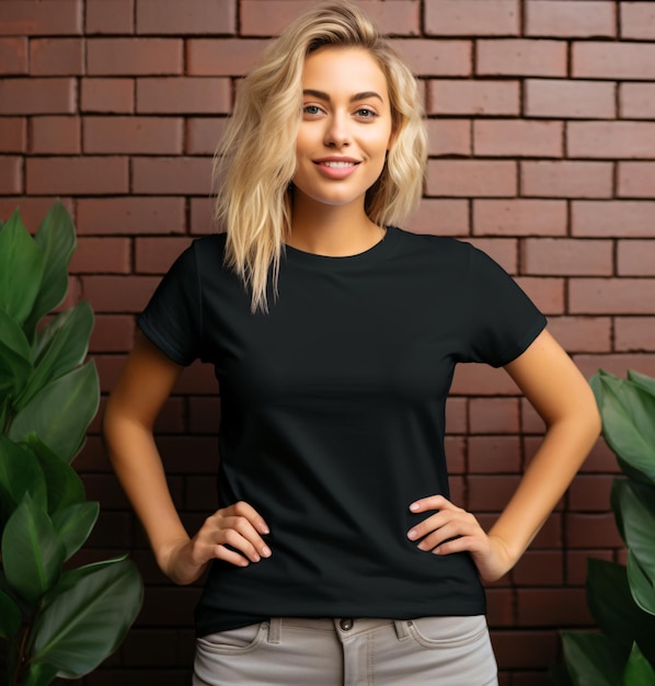 Schwarzes T-Shirt-Mockup einer blonden Frau in einem boho-stilvollen schwarzen T-shirt und hippie-chic Jeans