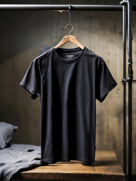 Schwarzes T-Shirt-Modell mit minimalistischem Kleiderbügel