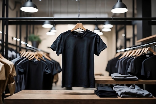 Schwarzes T-Shirt-Modell mit minimalistischem Kleiderbügel