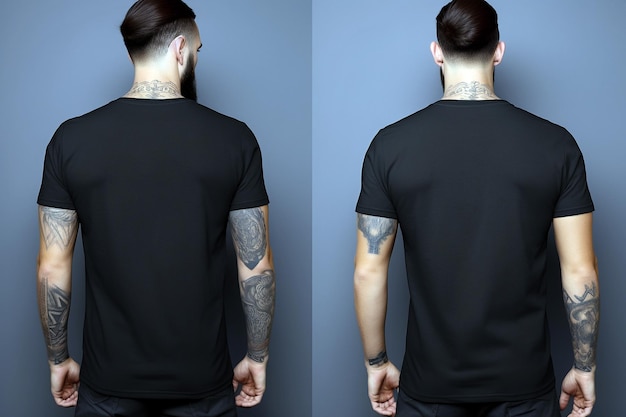 Foto schwarzes t-shirt von einem mann mit tattoo-attrappe