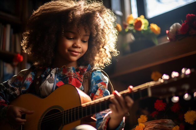 Schwarzes Teenager-Mädchen spielt Gitarre und sitzt in ihrem KI-generierten Zimmer.