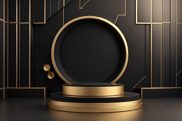Schwarzes und Goldes geometrisches Podest mit luxuriöser goldener Säule und kreisförmigem Hintergrund Vektorabstraktstudio mit 3D-Plattform Minimalszene für Kosmetikprodukte Showcase Werbeanzeige