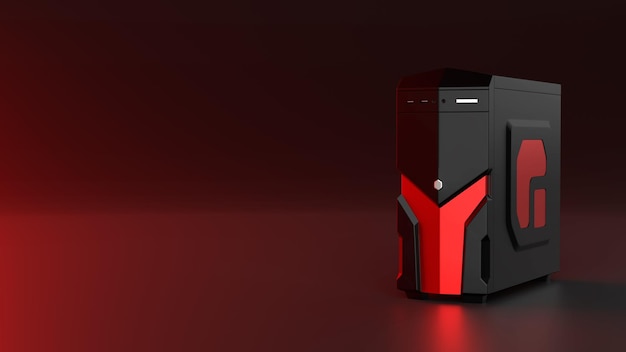 Schwarzes und rotes Computergehäuse Der schwarze Hintergrund hatte ein rotes Licht, das an der Seite leuchtete, und bot Platz für die 3D-Illustration