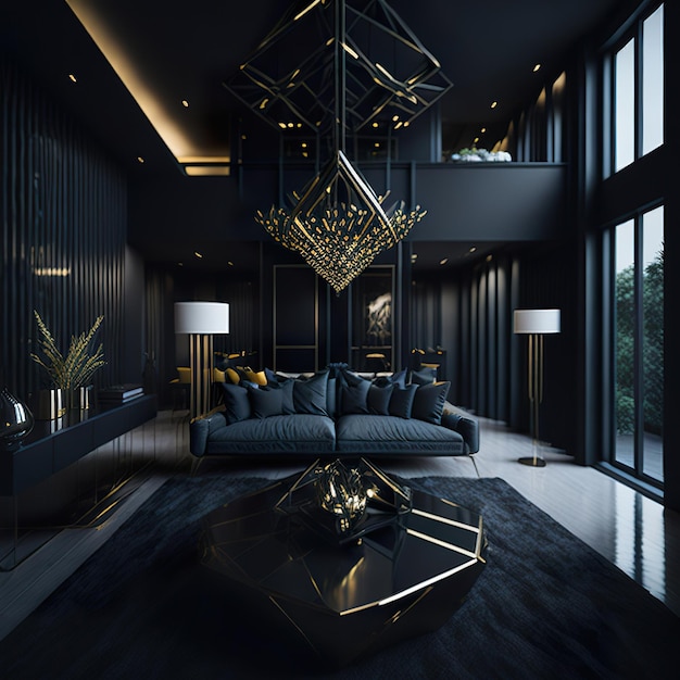 Schwarzes Wohnzimmer mit Freiraum mit goldenen Details