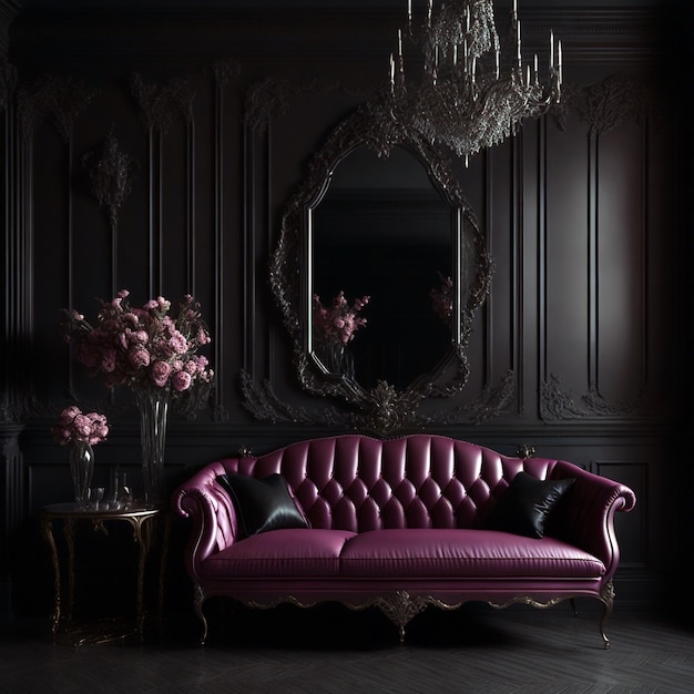 Schwarzes Zimmerinterieur mit einem Vintage-rosa Sofa, einem Kronleuchter, einem Spiegel und einem mit Blumen geschmückten Kamin