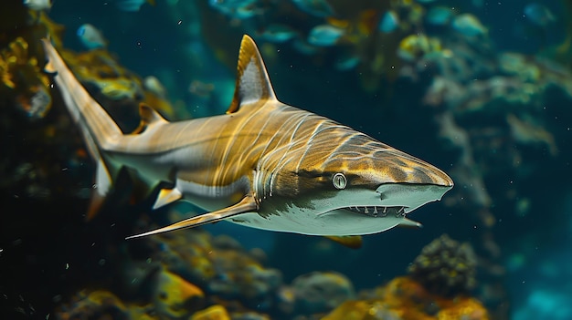 Schwarzspitzenriffhaie schwimmen in tiefem und dunkelgrünem Wasser Generative Ai