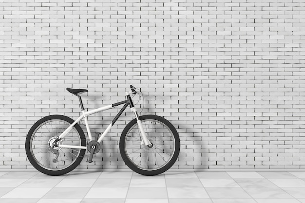 Schwarzweiss-Mountainbike vor Backsteinmauer. 3D-Rendering