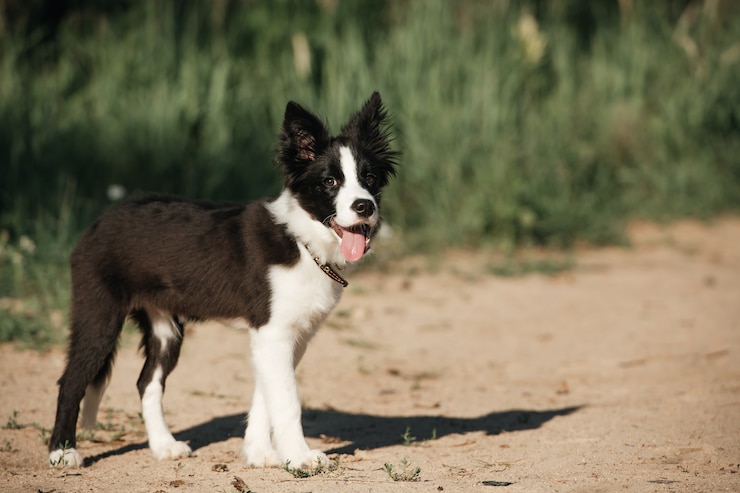 Foto schwarzweiss-randcolliehundewelpe im feld