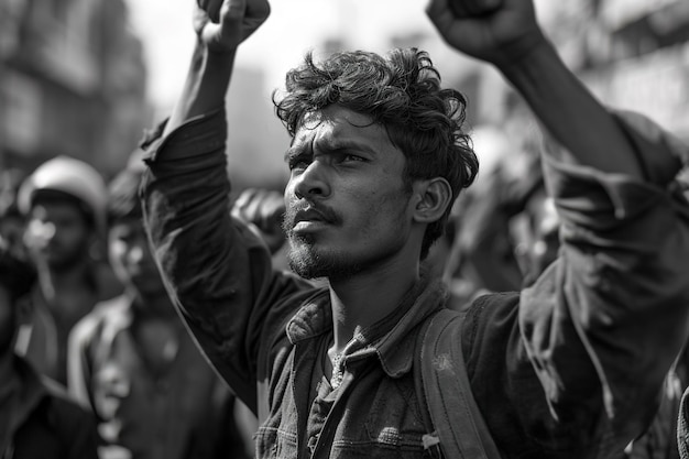 Schwarzweiß-Retro-Bild eines jungen ernsthaften Arbeiters, der seine Hände zum Protest gegen die Rechte der Arbeiter hebt