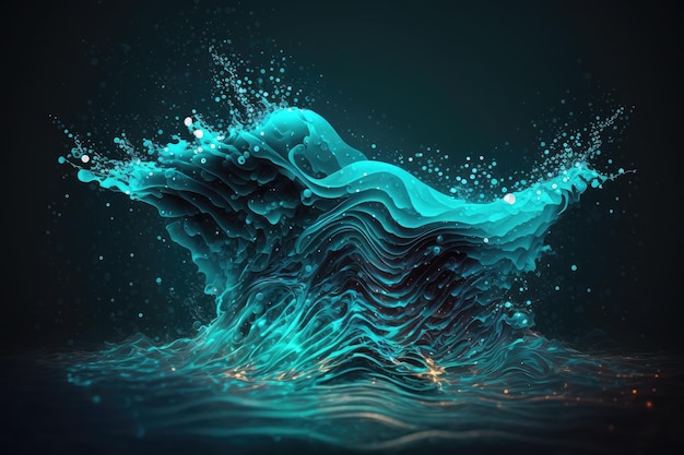 Schwebende blaue Flüssigkeitswelle im abstrakten Hintergrund mit Partikeln, die mit generativer KI erstellt wurden