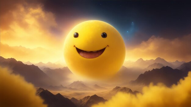 Foto schwebende gelbe emoji lächeln lächeln wolkenberge welt-lächeltag