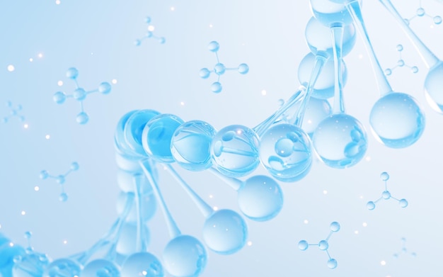 Schwebende Moleküle und DNA im blauen Hintergrund Biologie und kosmetisches Medizinkonzept 3D-Rendering