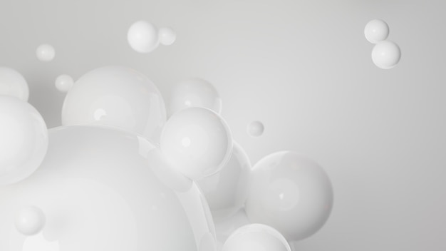 Schwebende schwebende weiße Kugeln im weißen Hintergrund. 3D-Darstellung von glänzenden Kugeln. Pastellfarben Pantone. Abstrakter Hintergrund. Wissenschaft Physik Nano glänzende Kugeln moderne Kunst Pop.Platz leeren Raum kopieren