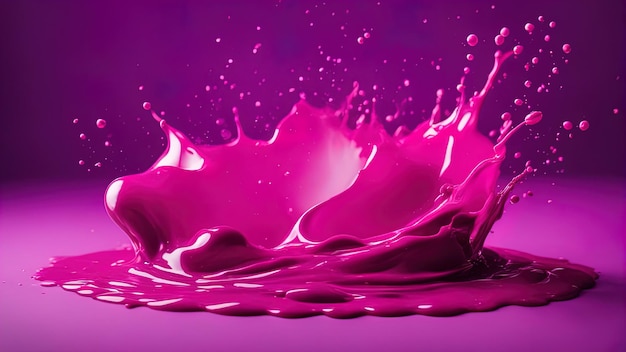Schwebende Spritzer Viva Magenta auf dem fliederfarbenen Hintergrund von Veri Peri. Farbexplosionskonzept mit flüssiger Farbe. Die wichtigsten Trends im modernen Design