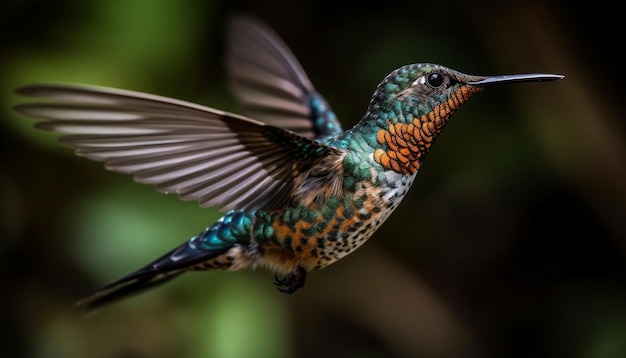 Schwebender rötlicher Kolibri ernährt sich von leuchtenden Blumen im tropischen Regenwald, die durch künstliche Intelligenz erzeugt werden