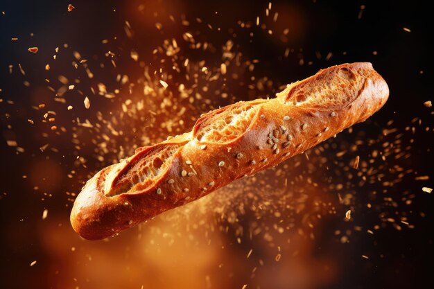 Schwebendes Sesam-Baguette, frisch geschnitten und gebacken. Traditionelles französisches Backprodukt, köstliche Cris